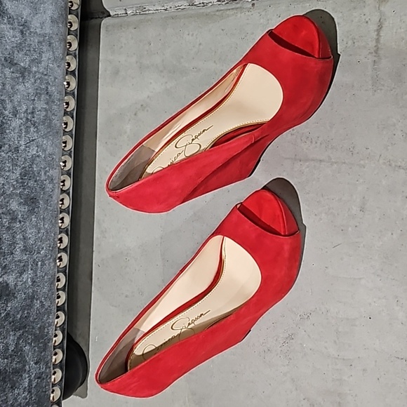 Red Suede Peep Toe Wedge Heels - Picture 3 of 5